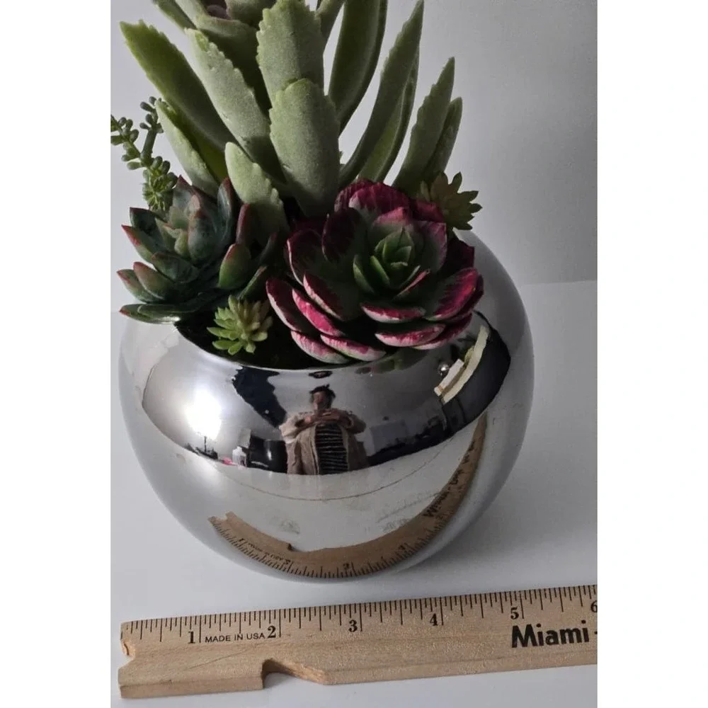Handmade Artificial Succulent Arrangement in Silver Pot – Modern Home Decor